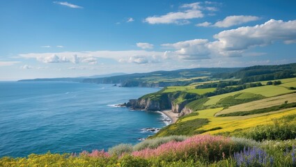 Coastal landscape with rolling green hills and vibrant wildflowers along the shoreline under a clear blue sky with fluffy clouds and ocean waves Copy Space