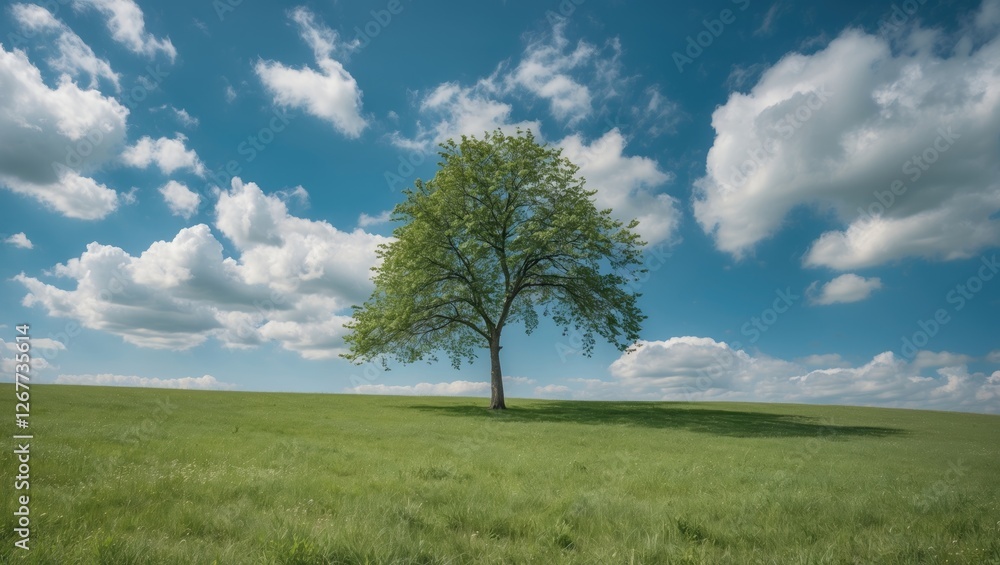 Poster lonely tree in lush green field under bright blue sky with fluffy clouds and ample copy space for te