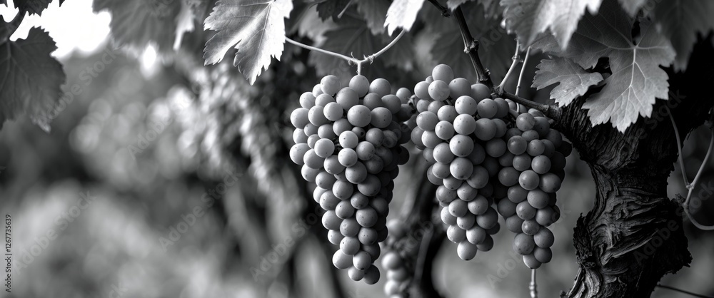 Poster black and white close-up of hanging grape clusters on a vine with leafy background copy space