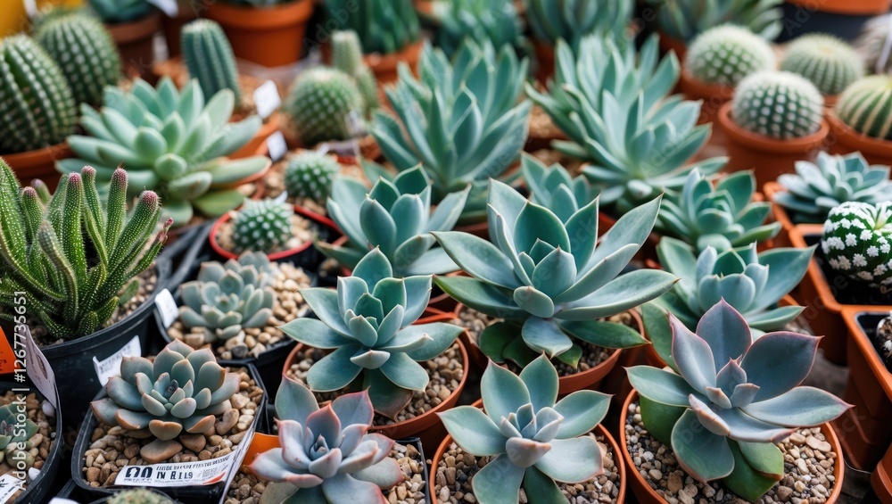 Poster assorted succulent plants in terracotta pots on display with varying shapes and sizes natural light 