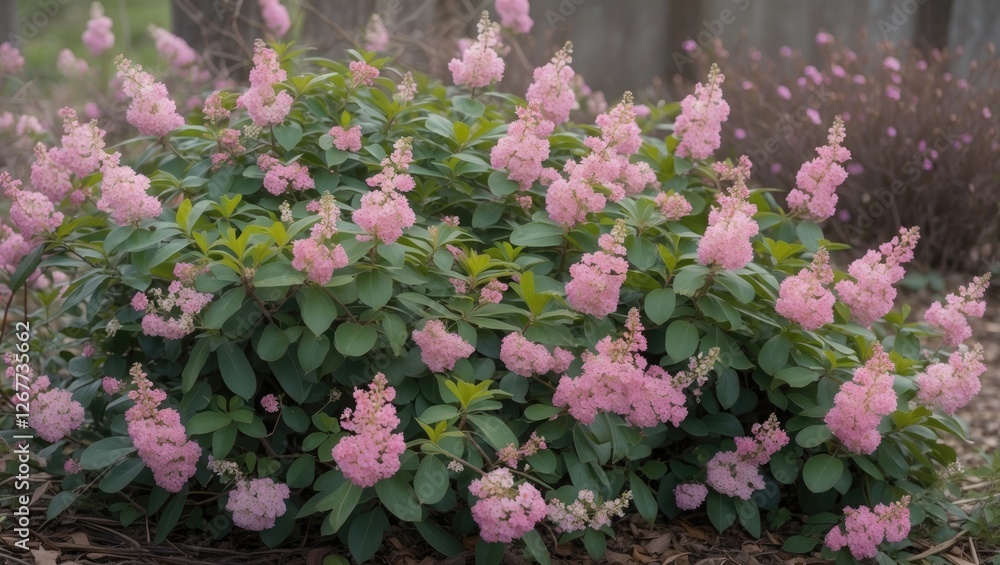 Poster pink flowering shrub with lush green leaves in a garden setting with soft background focus showing b