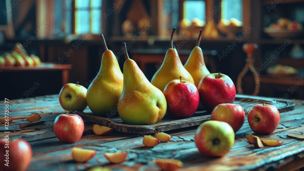 Poster fresh apples and pears on a rustic wooden table with copy space for text placement