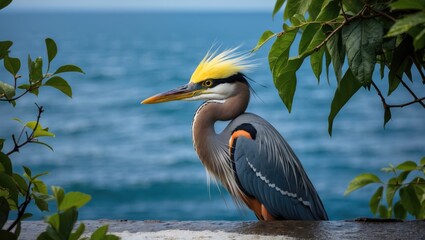 Obraz premium Graceful heron with striking yellow crest perched on a ledge by the ocean with green foliage in the foreground and blue water in the background Copy Space