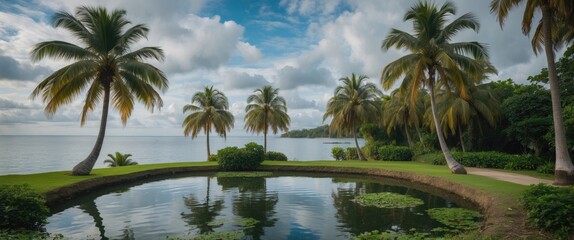 Obraz premium Tropical landscape with palm trees reflecting in calm water under a cloudy sky at a coastal shore with green vegetation and copy space.