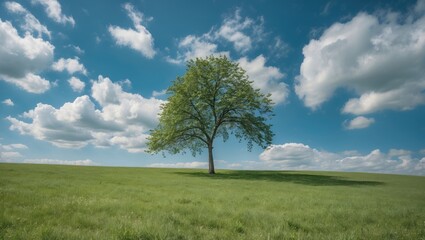 Obraz premium Lonely tree in lush green field under bright blue sky with fluffy clouds and ample copy space for text placement