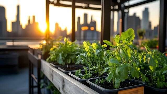 A rooftop garden with green plants and vegetables, against a backdrop of a sunset and a city skyline. Concept Rooftop Garden Oasis, Urban Skyline Sunset, Green Plants and Vegetables