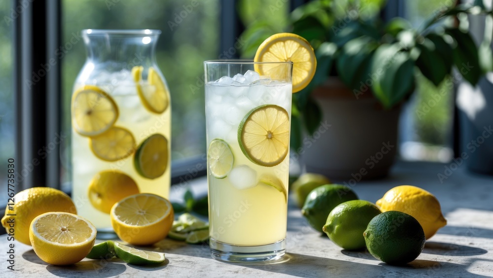 Aufkleber lemonade with fresh lemon slices and ice in a glass next to a pitcher and whole lemons on a kitchen 