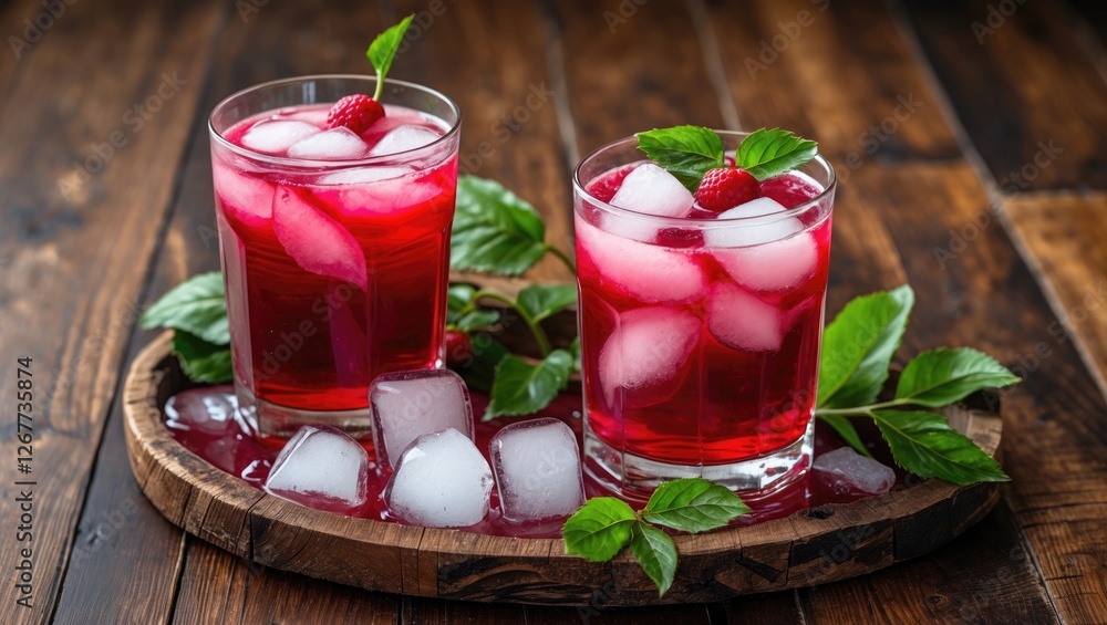 Poster refreshing raspberry drinks with ice cubes garnished with mint leaves on a wooden serving tray with 