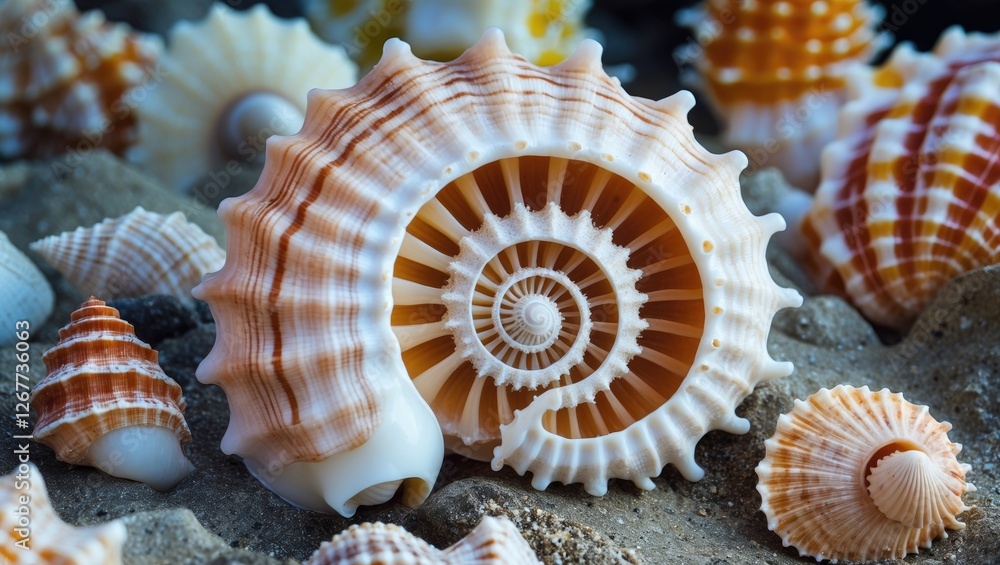 Poster detailed close-up of various sea shells on sandy surface showcasing intricate patterns and textures 
