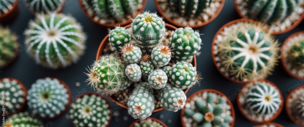 Poster various species of cacti in terracotta pots arranged on a surface with copy space for text and a neu