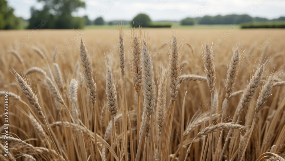 Poster close-up of golden wheat field with ears prominently displayed against a blurred background of farml
