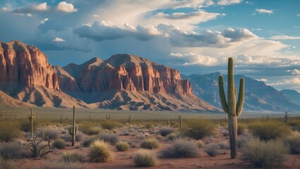 Desert landscape with dramatic rock formations and Saguaro cactus under cloudy blue sky with ample Copy Space for text