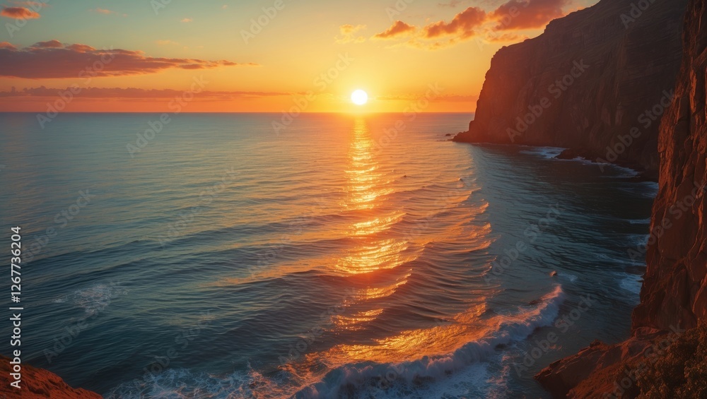 Poster sunset over tranquil ocean waves reflecting warm colors with cliffs in background and clear sky, cop