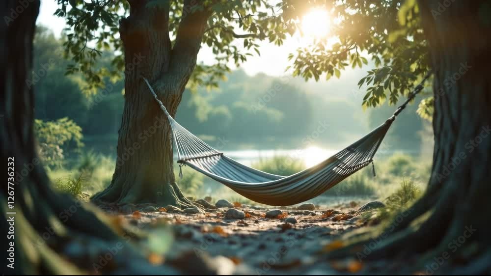 Poster serene hammock hangs between trees in forest with sunlight filtering through for relaxation in natur