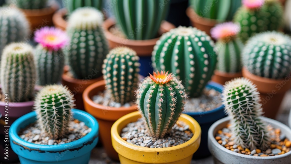 Poster assorted cacti in colorful pots with decorative stones on a table background copy space