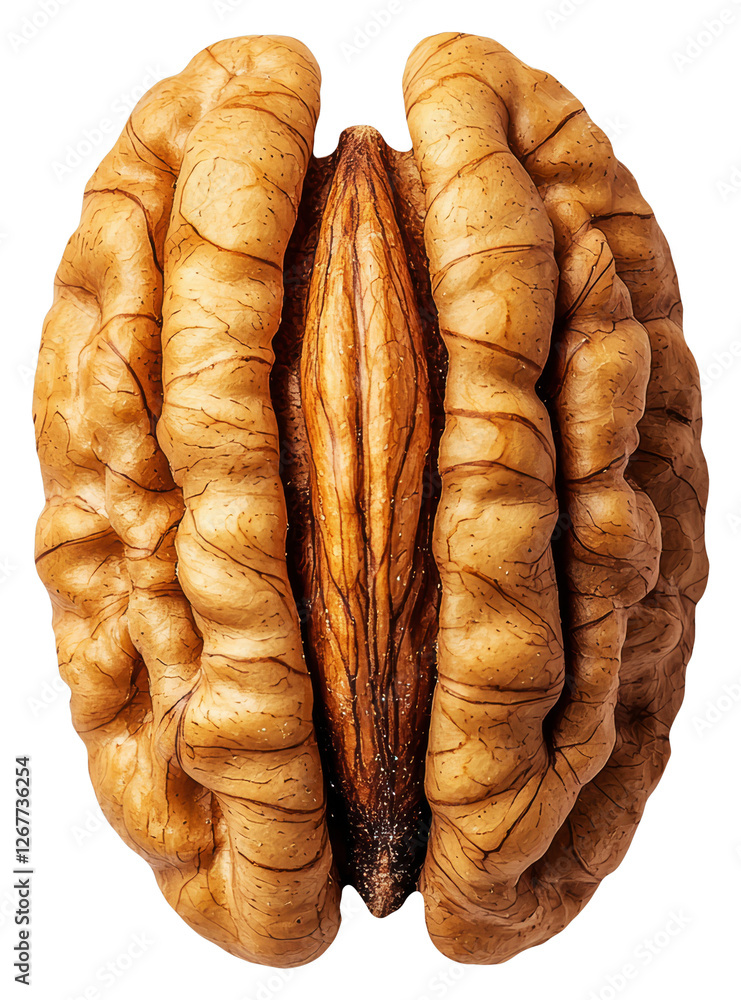 Poster split walnut half isolated on transparent background showing texture and detail in warm lighting