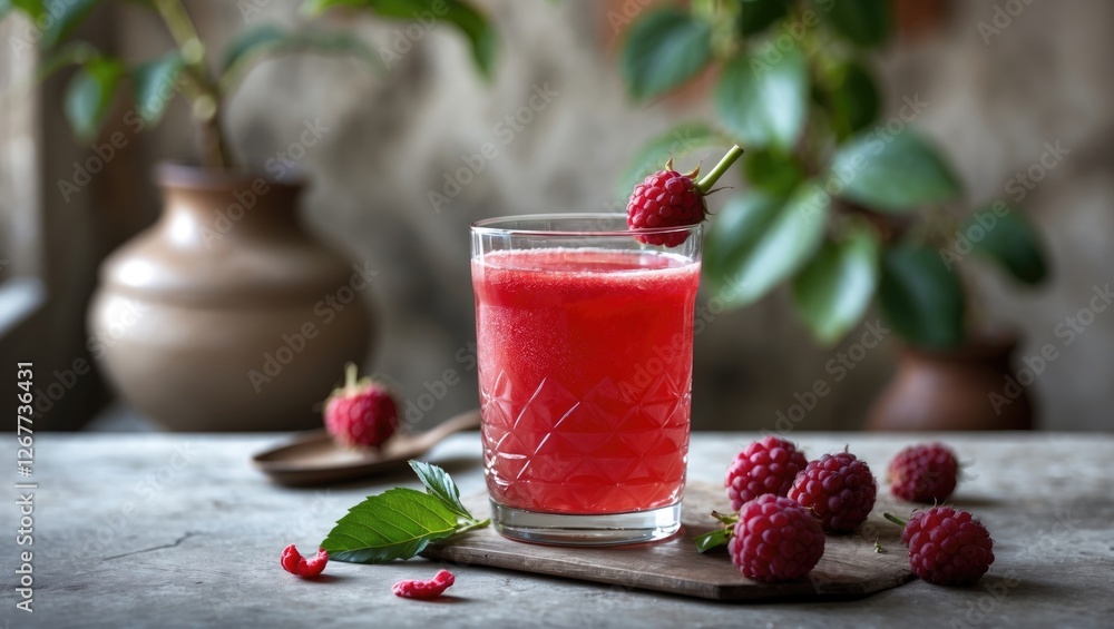 Poster raspberry cocktail in a glass with fresh raspberries and mint leaves on a rustic table with blurred 