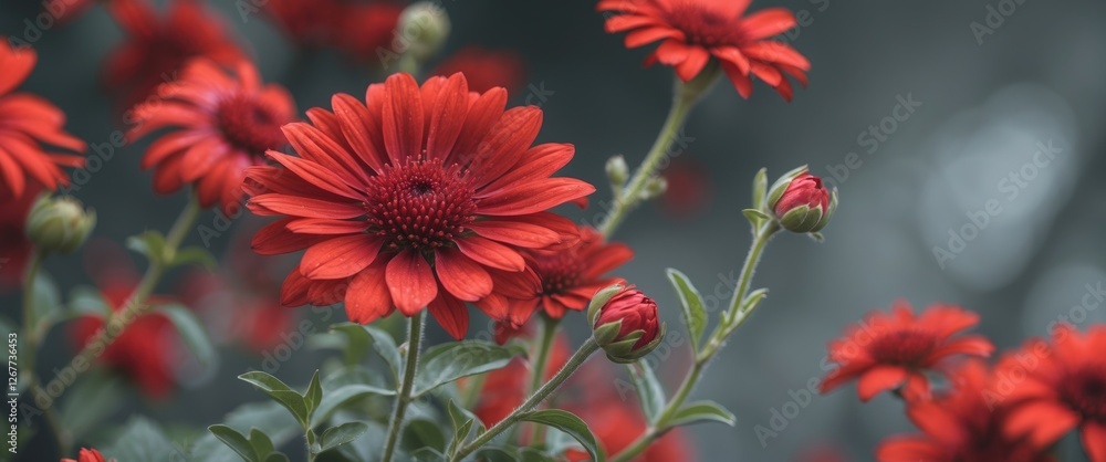 Poster red flowers with large petals and green leaves in a garden setting with soft focus background and vi