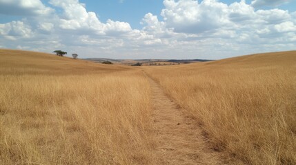 Fototapeta premium Dry grassland path, hills, blue sky, clouds; travel brochure