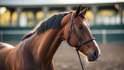 Obraz premium Brown thoroughbred horse portrait with bridle in equestrian setting natural sunlight soft background copy space