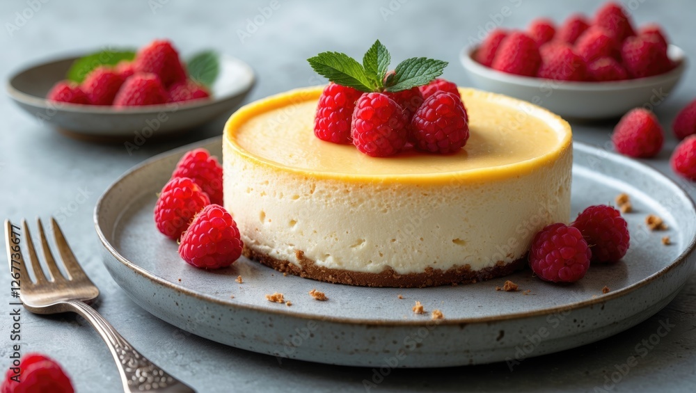 Poster cheesecake with fresh raspberries and mint leaves served on a grey plate with fork and additional ra