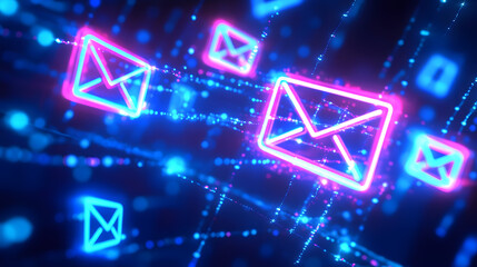 Neon glowing email icons float in digital space, symbolizing communication and connectivity in futuristic setting. vibrant colors and dynamic lines convey sense of speed and technology