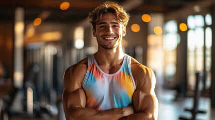 A smiling man in a vibrant workout outfit stands confidently in a brightly lit gym, surrounded by modern fitness equipment