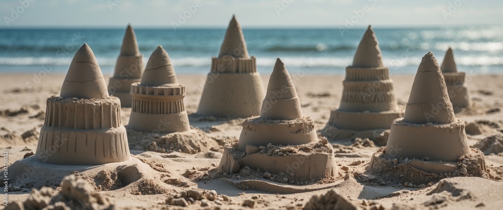 Poster sandcastles on a beach with ocean waves in the background showcasing various shapes and textures of 