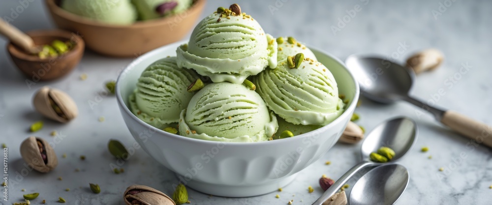 Aufkleber mint ice cream scoops in a white bowl topped with crushed pistachios on a marble countertop with spo