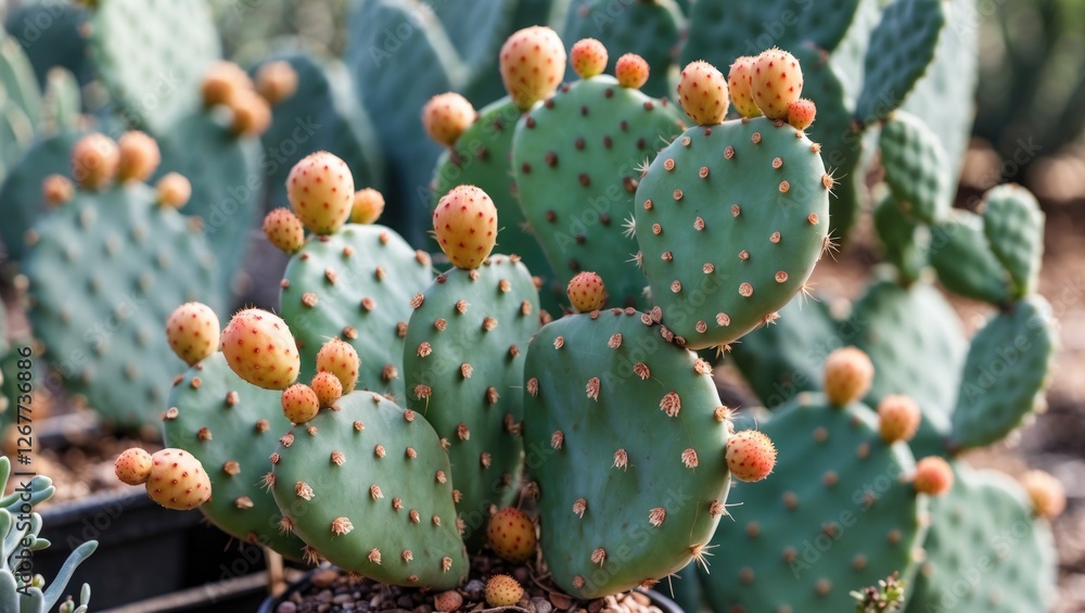 Poster prickly pear cactus with vibrant pads and fruit in natural outdoor setting with soft focus backgroun