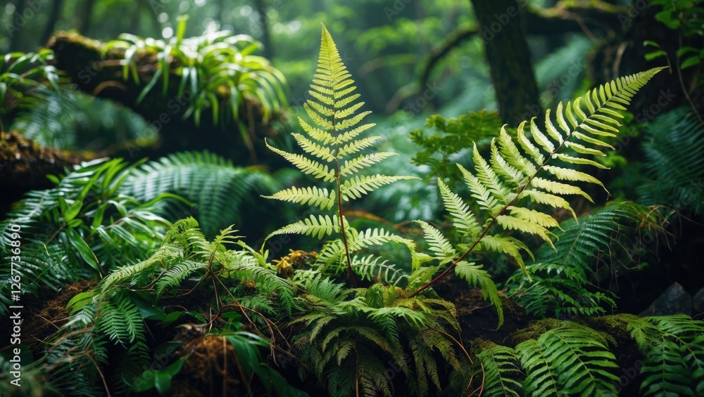 Poster lush green ferns on forest floor with soft lighting and blurred background creating natural atmosphe