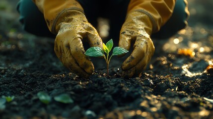 Hands planting seedling in rich soil; nature scene in background