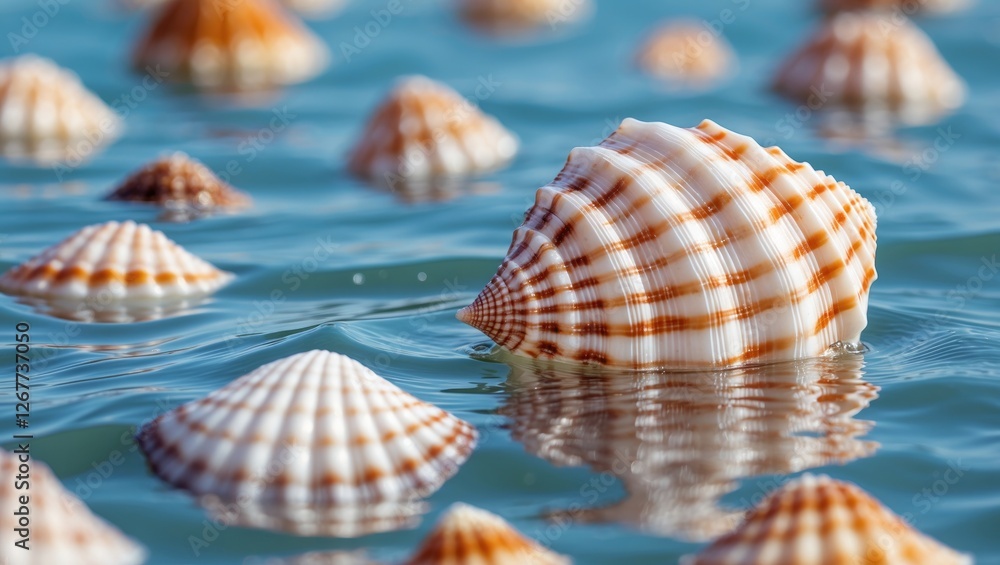 Poster close-up of seashells in calm water with reflections interesting patterns and textures natural beach