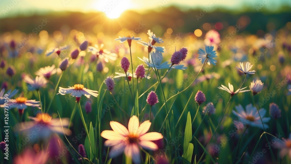 Poster colorful wildflowers in a sunlit meadow with sunlight streaming through creating a bokeh effect and 
