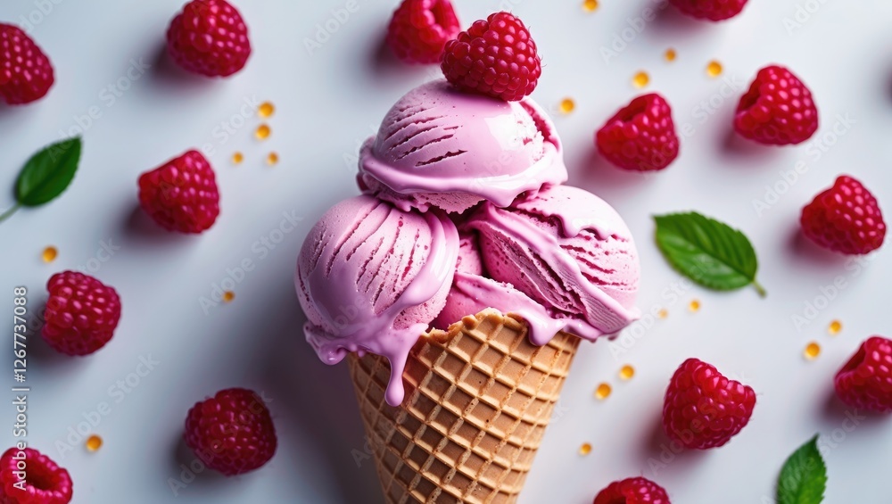 Poster pink raspberry ice cream in cone surrounded by fresh raspberries and mint leaves on white background