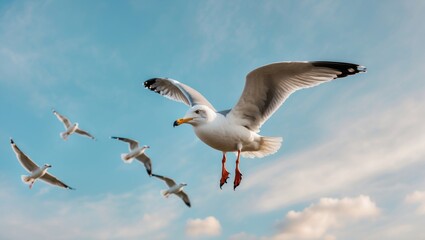 Obraz premium Seagull in flight with flock of seagulls soaring against a blue sky with clouds visible Copy Space