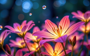 Fototapeta premium A stunning close-up of vibrant, glowing flowers in full bloom, illuminated with soft golden light. 
