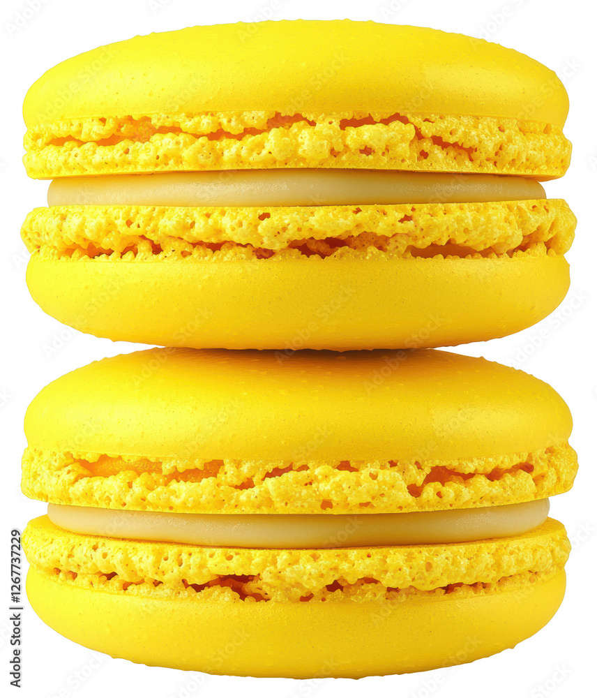 Poster stack of two yellow macarons with creamy filling on a transparent background close up