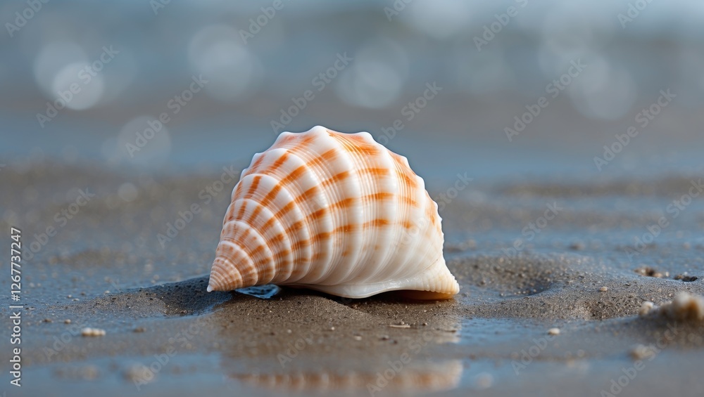 Poster spiral shell on wet sandy beach with soft bokeh background and natural lighting suitable for nature 