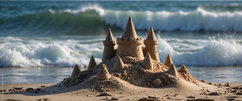 Poster sandcastle on a beach with ocean waves in the background showcasing intricate towers and details cop