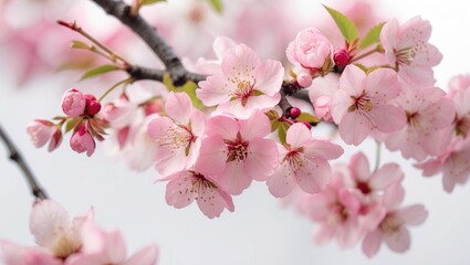 Naklejka premium Cherry blossom branch with pink flowers and buds against a blurred background suitable for Copy Space.