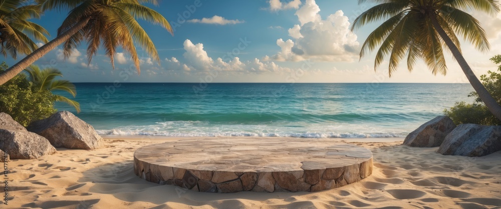 Poster tropical beach setting with palm trees and ocean view featuring circular stone platform on sand copy