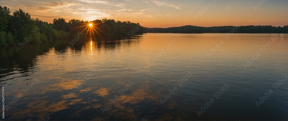 Poster sunset over calm lake reflecting trees in calm waters with vibrant colors and cloudy sky creating pe