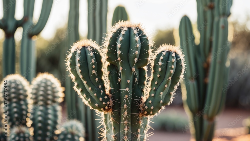 Poster cacti in sunlight with spines in focus showcasing unique shapes and textures against a blurred backg