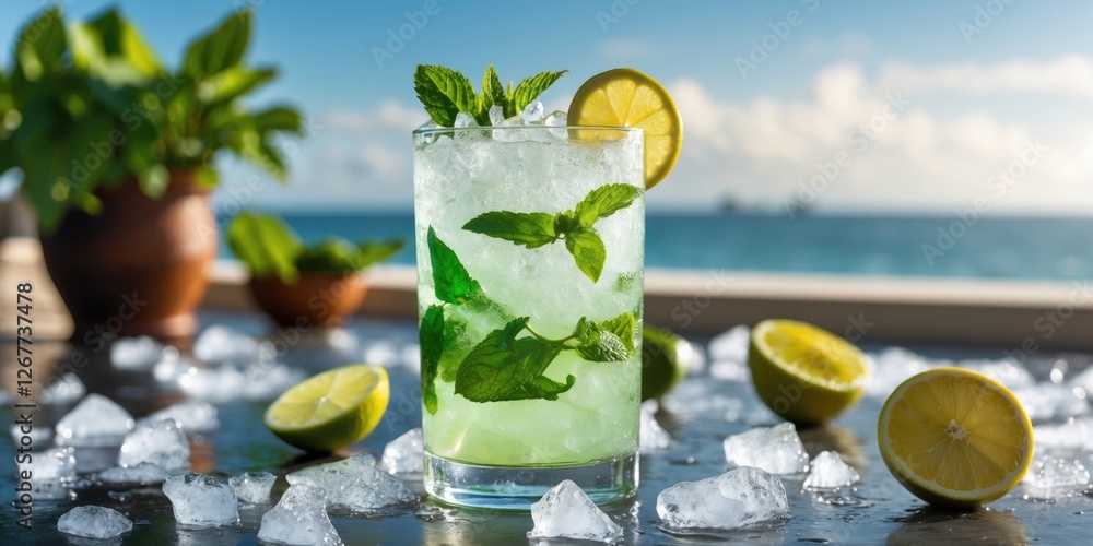 Poster refreshing mojito cocktail with mint and lime on a table with crushed ice and a tropical background 