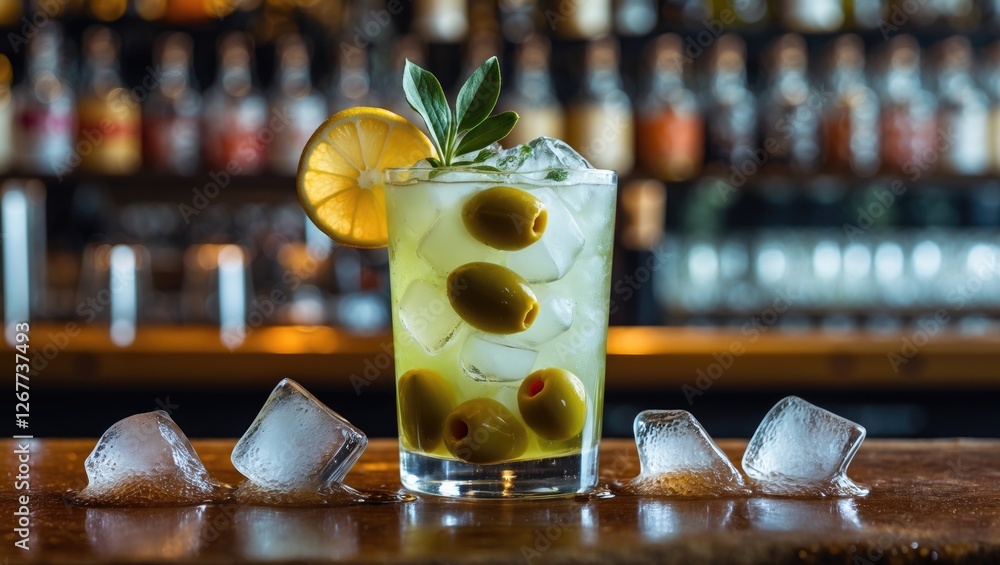 Aufkleber cocktail with olives garnished with lemon slice and herbs on bar counter with ice cubes in front cop
