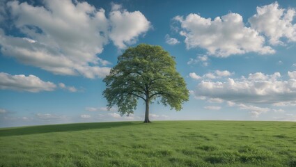 Fototapeta premium Lone green tree on a grassy hill under a blue sky with clouds Copy Space