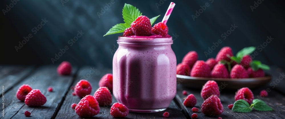 Poster raspberry smoothie in a jar with fresh raspberries and mint leaves on a wooden table with dark backg