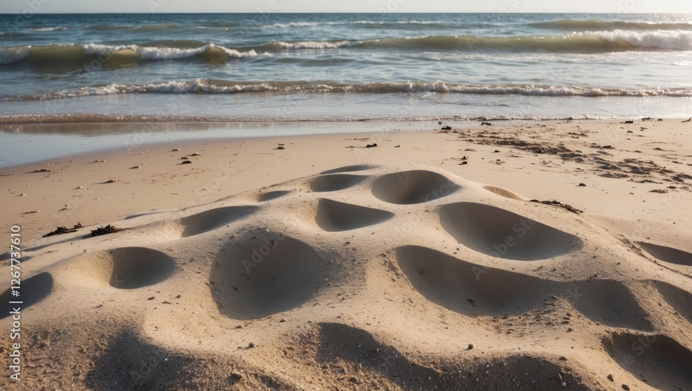 Poster sand dune formations on a beach with ocean waves during daylight, textured surface and natural patte