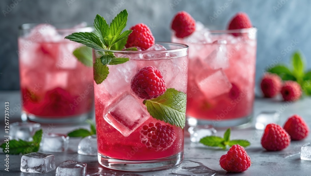Aufkleber fresh raspberry cocktails with ice cubes and mint leaves on a grey background with copy space for te